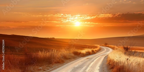Sun setting over remote road in vast natural landscape disappearing into horizon. Concept Sunset, Remote Road, Natural Landscape, Horizon View