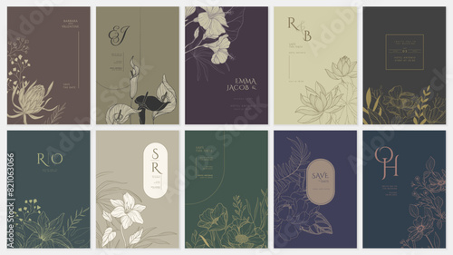 Set of floral invitation save the date card with detailed various flowers. Luxury vintage botanic template layout design, brochure or cover