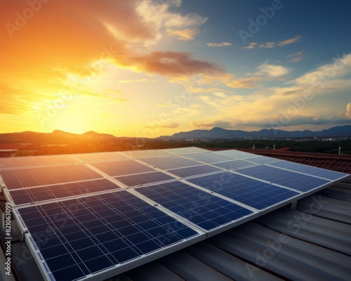 Rooftop solar installation, ecofriendly technology, selective focus, theme of green energy, dynamic, Composite, backdrop of evening light