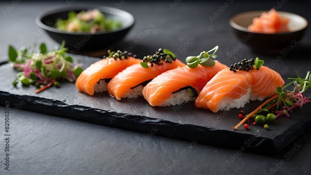 A vibrant and colorful sushi platter with fresh slices of salmon, delicately arranged on a bed of perfectly cooked rice. The salmon glistens in the light, inviting you to take a bite and experience th A vibrant and colorful sushi platter with fresh slices of salmon, delicately arranged on a bed of perfectly cooked rice. The salmon glistens in the light, inviting you to take a bite and experience th