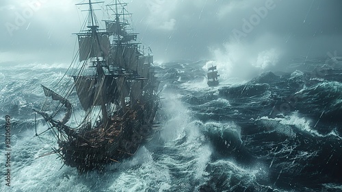 A tempest-tossed vessel battled leviathan's wrath, its sails straining against the relentless assault of monstrous waves..illustration stock image photo