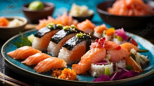 A vibrant and colorful sushi platter with fresh slices of salmon, delicately arranged on a bed of perfectly cooked rice. The salmon glistens in the light, inviting you to take a bite and experience th