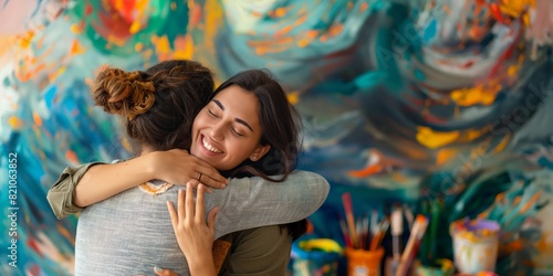 Two women share a tender hug against the backdrop of vibrant abstract artwork, signaling emotional support © gunzexx png and bg