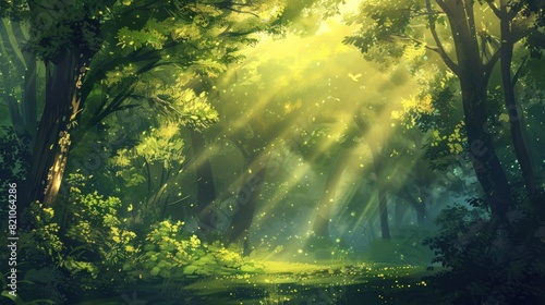 Beautiful forest panorama with bright sun shining through the trees