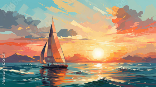 Sailboat sailing on the ocean at sunset with colorful sky, artistic depiction of maritime adventure and serene seascape.