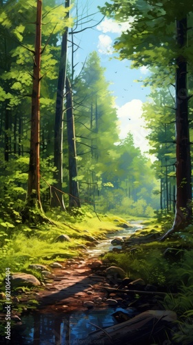 Beautiful forest panorama with bright sun shining through the trees