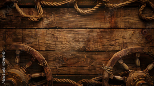 A textural antique background content slide with an old Wild West theme or Nautical Theme - rustic wood planks, a wooden wheel and rope create a western or pirate theme concept - wallpaper, desktop photo