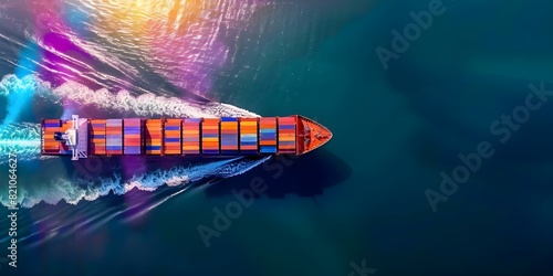 Aerial view of a container cargo ship in international commercial trade logistics. Concept Container Ship, International Trade, Logistics, Cargo Transport, Aerial View