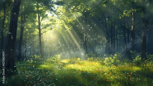 Beautiful forest panorama with bright sun shining through the trees