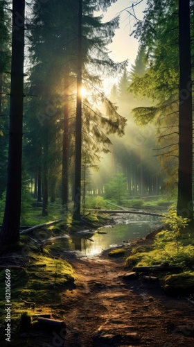 Beautiful forest panorama with bright sun shining through the trees