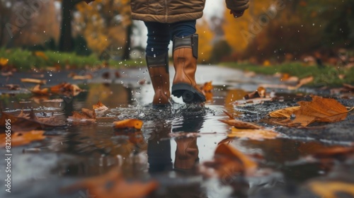 A playful child jumps and fumbles in a muddy puddle in the fall after rain. Cheerful kid in yellow rubber boots in the mud. Rain season. Fun childhood. Autumn park. Rainy day. © Ellionn