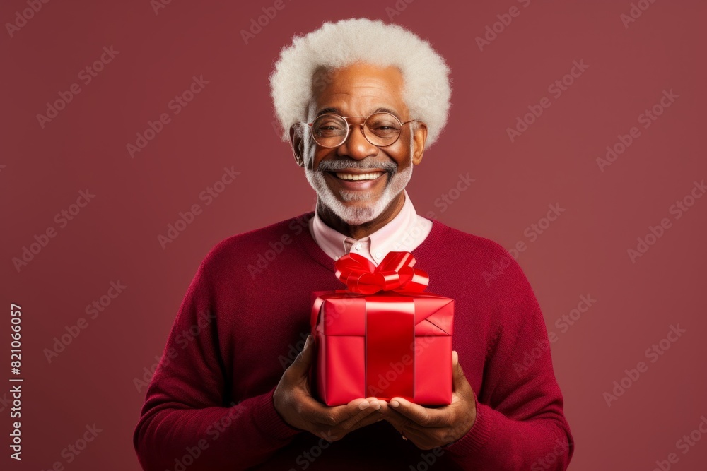 Portrait of a blissful afro-american man in his 80s holding a gift over minimalist or empty room background