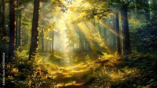 Beautiful forest panorama with bright sun shining through the trees