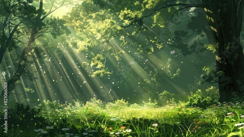 Beautiful forest panorama with bright sun shining through the trees