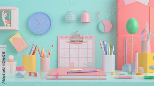 3d rendering concept colorful themes of back to school . educational background with copy space surround by kids merchandise catalog, calendar , pens, erasers, books , childlike, desk,  School supply