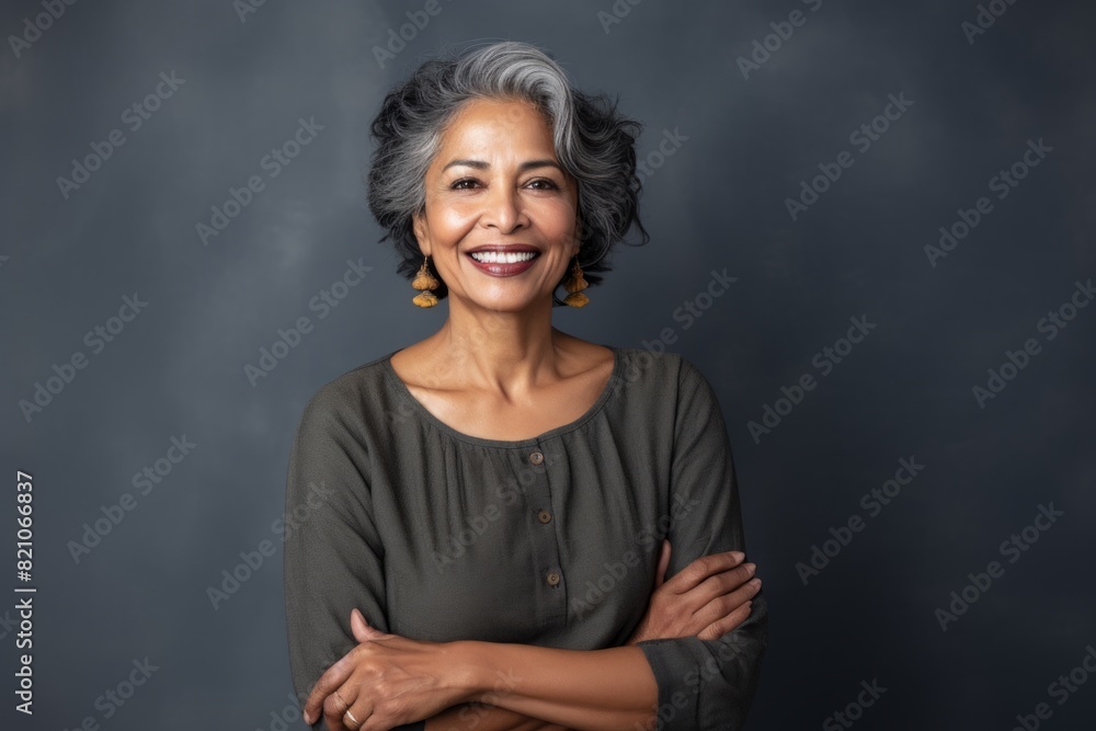 Portrait of a happy indian woman in her 60s with arms crossed isolated in minimalist or empty room background Portrait of a happy indian woman in her 60s with arms crossed isolated in minimalist or empty room background