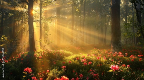 Beautiful forest panorama with bright sun shining through the trees