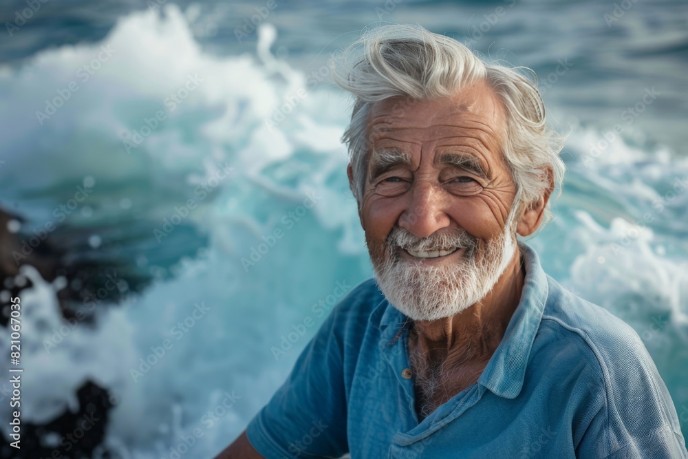 Portrait of an elderly gray-haired, happy man against the background of the ocean Portrait of an elderly gray-haired, happy man against the background of the ocean
