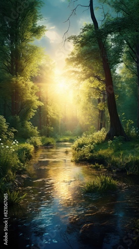 Beautiful forest panorama with bright sun shining through the trees © Art Wall