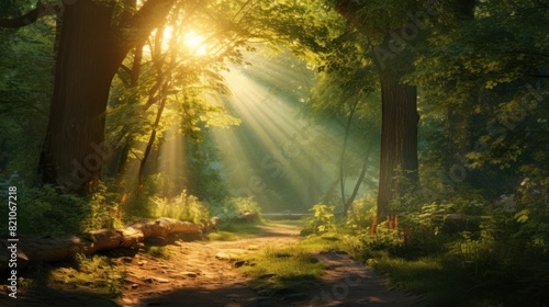 Beautiful forest panorama with bright sun shining through the trees