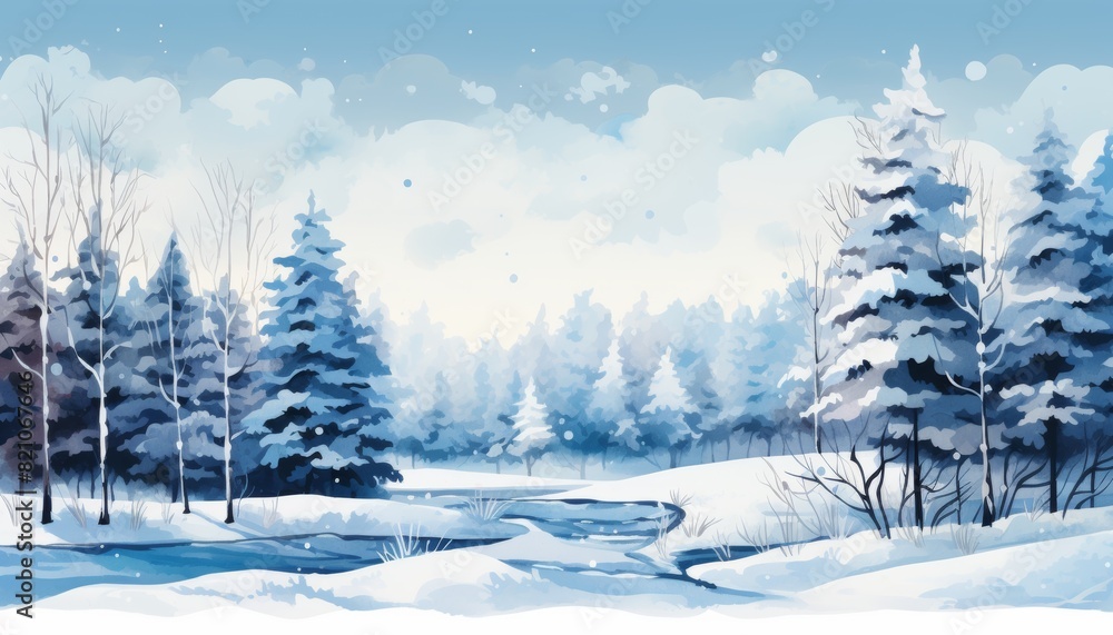 Snow-covered landscape with pine trees, a flowing river, and a cloudy sky in a tranquil winter scene, capturing the beauty of nature's cold season.
