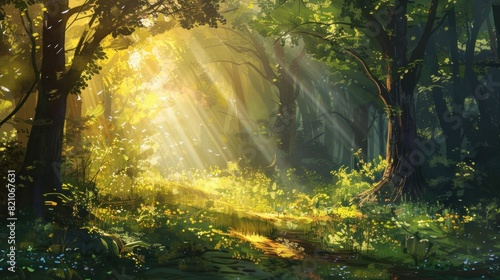 Beautiful forest panorama with bright sun shining through the trees