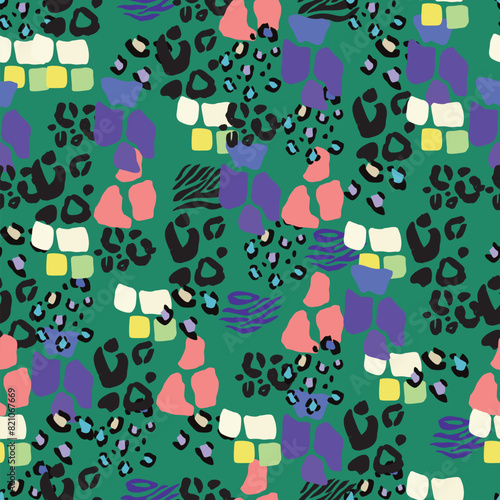 Seamless vector pattern. A vibrant design featuring a colorful leopard and zebra print background. This textile art combines patterns in green blue and pink hues, creating a visually striking art