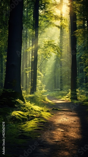 Beautiful forest panorama with bright sun shining through the trees