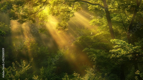 Beautiful forest panorama with bright sun shining through the trees