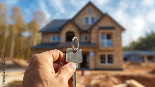 Person hand offering a house key, with a newly built house visible in the background