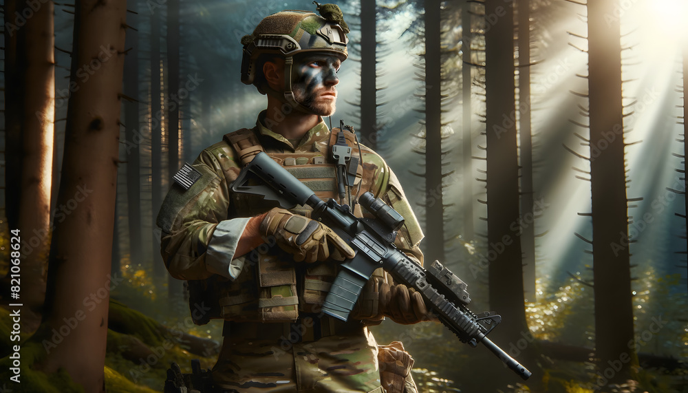 Resolute Military Soldier in Rugged Outdoor Setting with Tactical Gear Resolute Military Soldier in Rugged Outdoor Setting with Tactical Gear