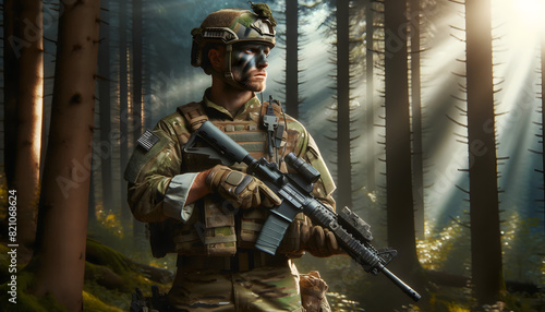 Resolute Military Soldier in Rugged Outdoor Setting with Tactical Gear