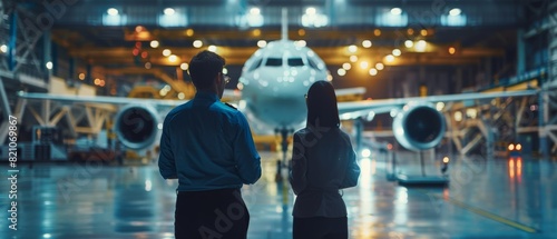 Two engineers in hard hats looking at an airplane in a hangar.	 photo