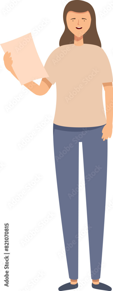 Happy and content young woman smiling while holding a document and standing in a relaxed and casual posture. Neutral background Happy and content young woman smiling while holding a document and standing in a relaxed and casual posture. Neutral background