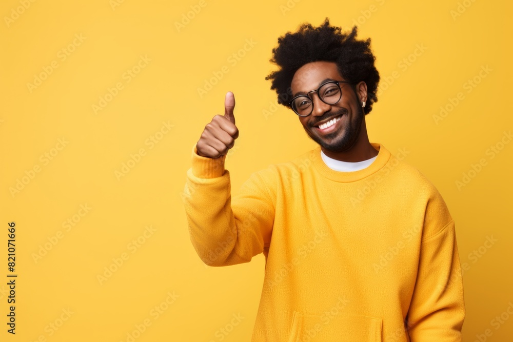 Portrait of a tender afro-american man in his 20s showing a thumb up isolated on minimalist or empty room background Portrait of a tender afro-american man in his 20s showing a thumb up isolated on minimalist or empty room background