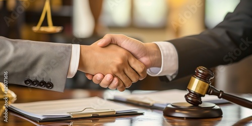 Two people shaking hands in a professional setting with a gavel and legal documents signifying a legal agreement or partnership