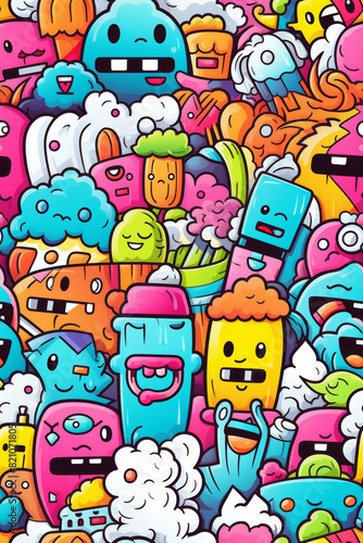 Seamless pattern with vibrant colors and funny doodles, high-quality and ready for print