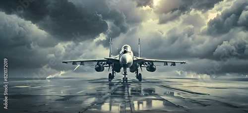 A military fighter jet stands poised on a rainy airfield with dark stormy clouds in the background. photo