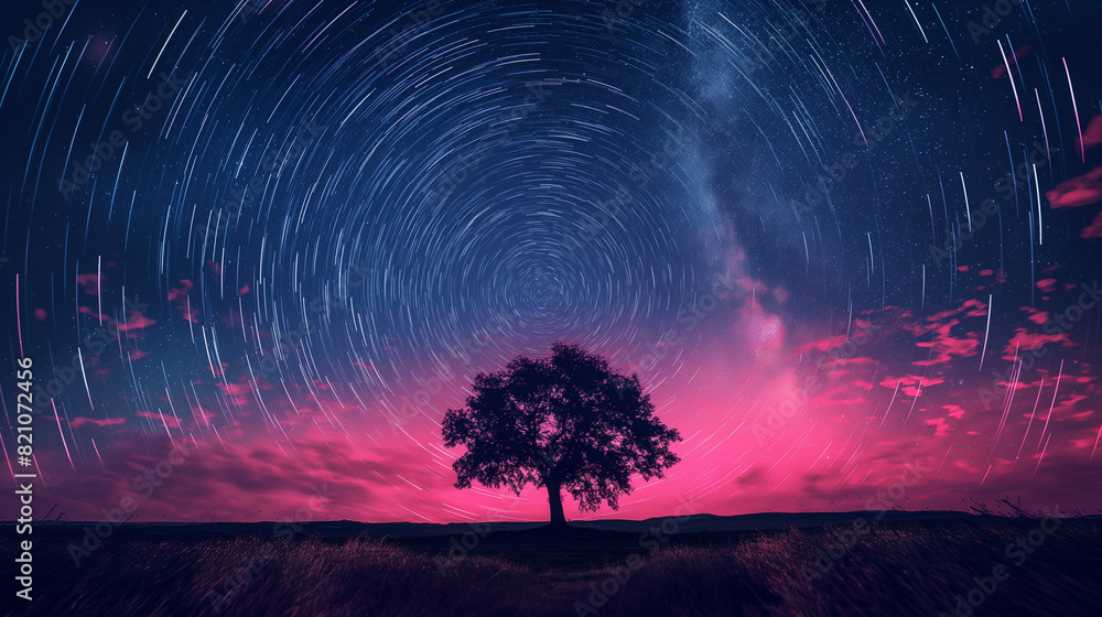Fototapeta premium Digital generated image of long exposure stars trail on night sky with tree silhouette in the middle of pink circle.