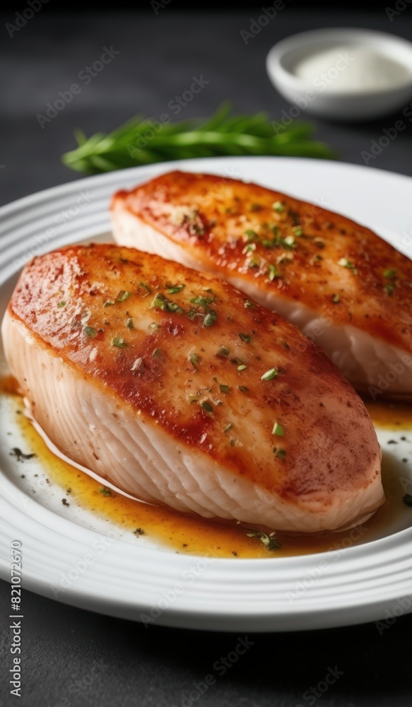 Raw chicken breasts seasoned with spices on a white plate. Raw chicken breasts seasoned with spices on a white plate.