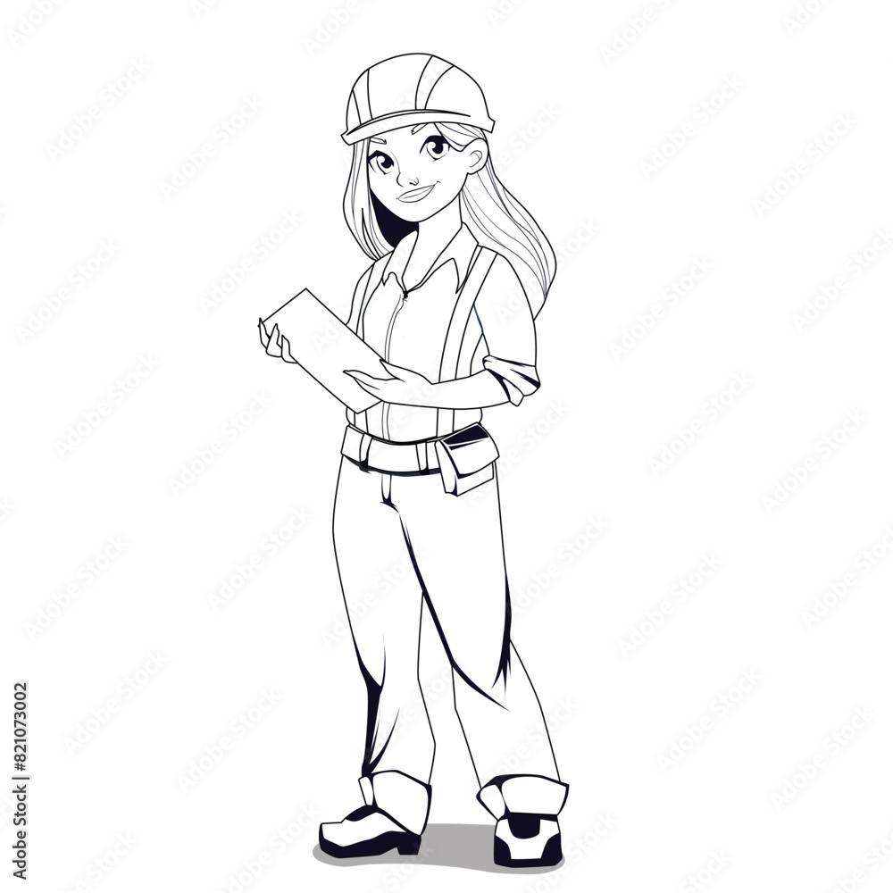 Girl engineer in a construction helmet with a tablet on a white background: vector illustration for modern projects. Suitable for various construction, architectural and engineering projects. Girl engineer in a construction helmet with a tablet on a white background: vector illustration for modern projects. Suitable for various construction, architectural and engineering projects.