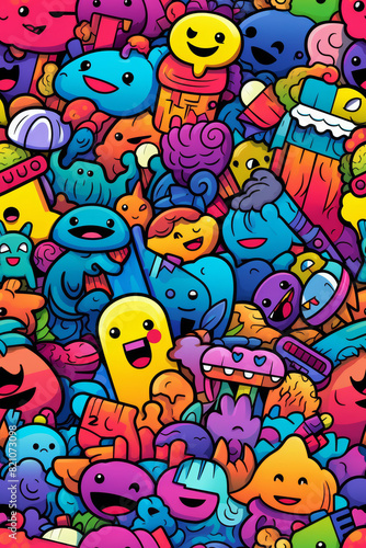Seamless pattern with vibrant colors and funny doodles, high-quality and ready for print