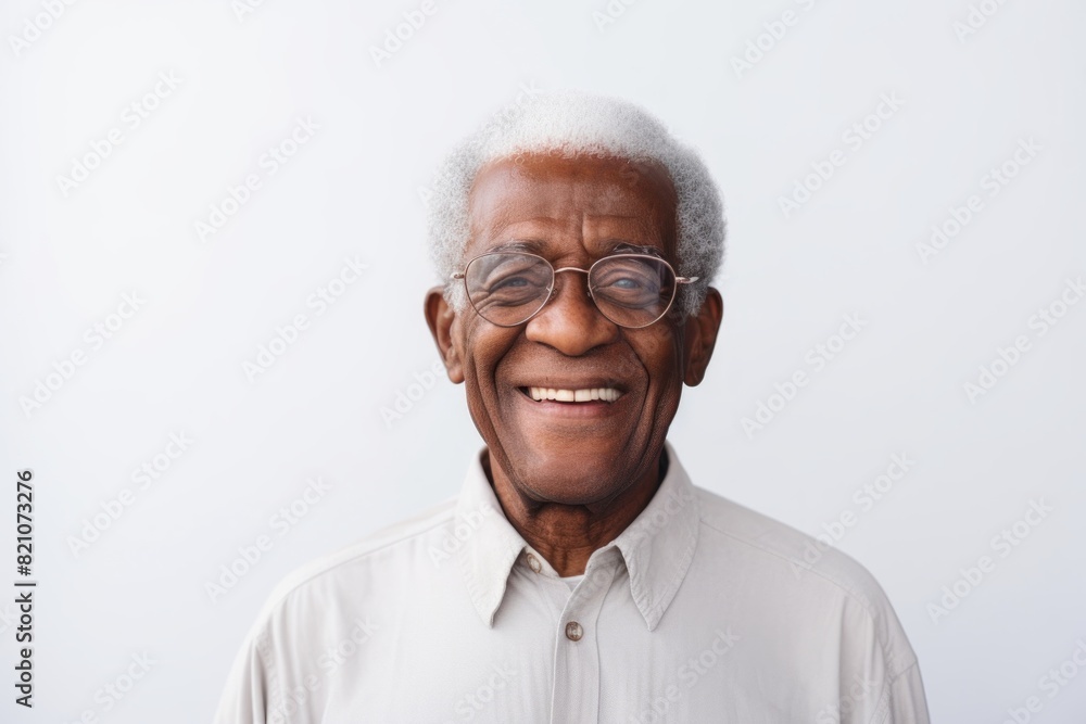 Portrait of a joyful afro-american elderly man in his 90s smiling at the camera while standing against minimalist or empty room background Portrait of a joyful afro-american elderly man in his 90s smiling at the camera while standing against minimalist or empty room background