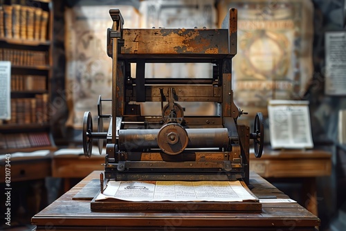 Antique printing press in a museum setting photo