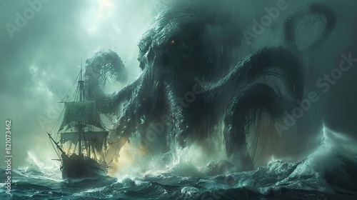 A beleaguered vessel navigates treacherous waters, battling colossal waves and eluding the relentless pursuit of a formidable kraken..stock photo