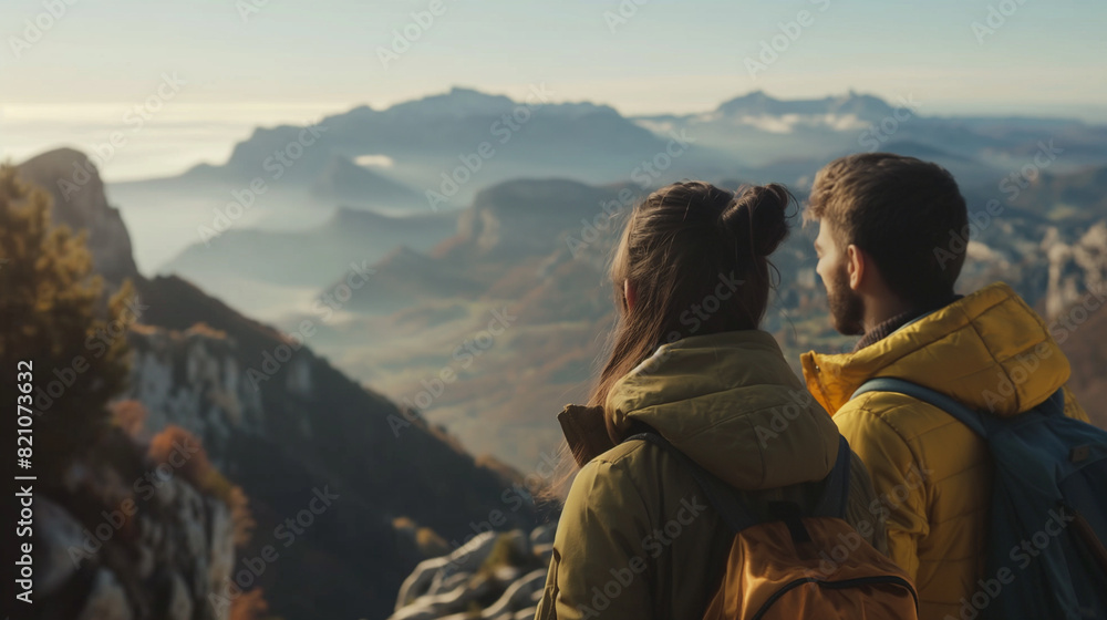 Back view of a young happy hiking couple of a loving girl & a boy, with backpacks in a mountain forest background. Outdoor adventure, traveling, enjoying nature concept.	
