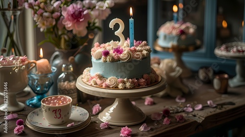 A charming scene featuring a birthday candle in the shape of the number  33   placed atop a vintage cake stand  with delicate floral arrangements adding a touch of elegance