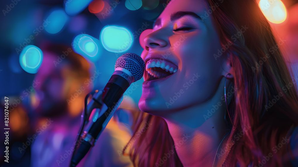 Vibrant Photo Realistic Illustration of Friends Enjoying Karaoke Night, Symbolizing Togetherness, Fun, and Musical Bonding in Social Concept Vibrant Photo Realistic Illustration of Friends Enjoying Karaoke Night, Symbolizing Togetherness, Fun, and Musical Bonding in Social Concept
