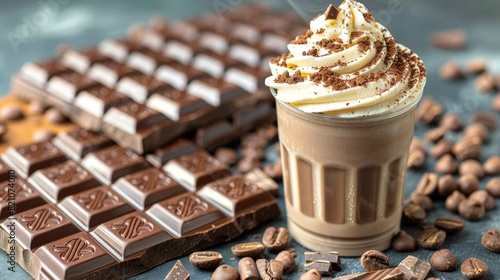 Delicious chocolate milkshake topped with whipped cream beside chocolate bars and scattered cocoa beans, perfect for dessert lovers. photo