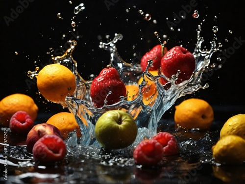 Different falling fruits and splashing water on black background Ai generated.